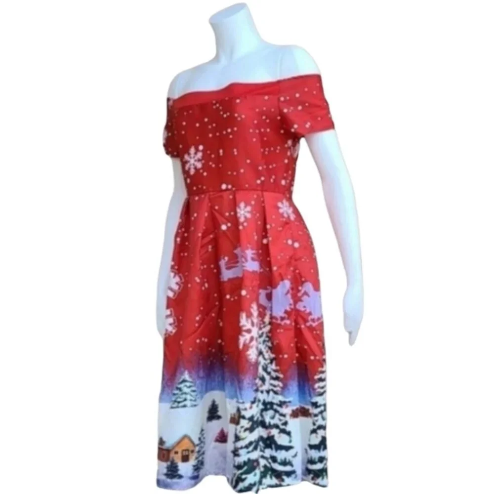 VINTAGE CHRISTMAS HOLIDAY Dress Small 4 6 Rockabilly Pin Up Off Shoulder Festive - Picture 3 of 14